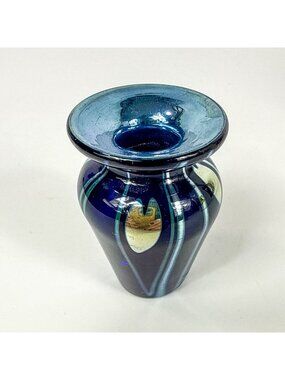 Art Glass Cobalt Blue Hanging Hearts Hand Blown Miniature Vase 2.25 Signed